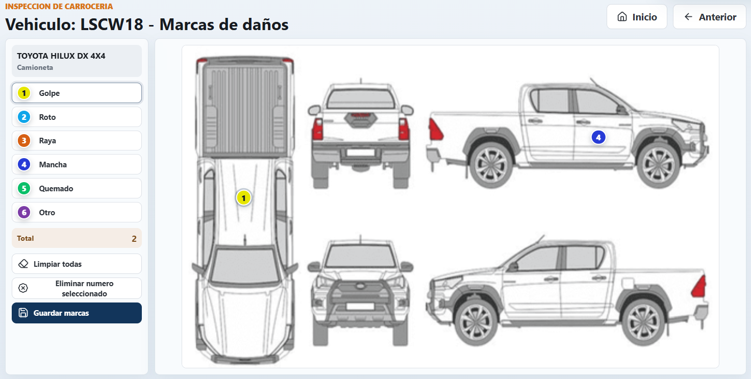Inspección de carrocería con diagrama del vehículo y marcas de daños numeradas.